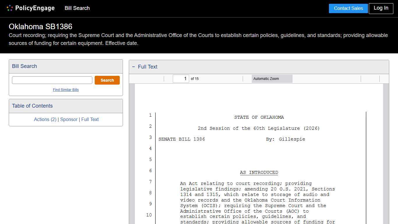 SB1386 Oklahoma 2026 Court recording; requiring the Supreme Court and the Administrative Office of the Courts to establish certain policies, guidelines, and standards; providing allowable sources of funding for certain equipment. Effective date. - Legislative Tracking PolicyEngage